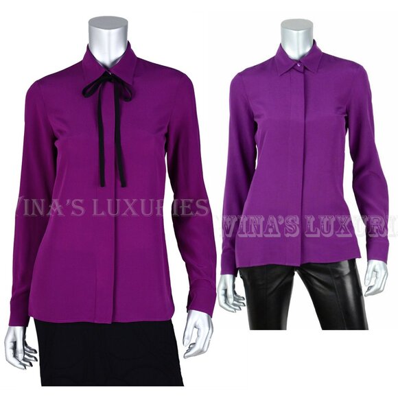 GUCCI SHIRT SILK CREPE DE CHINE BLOUSE VIOLET TOP REMOVABLE BOW - Picture 1 of 10